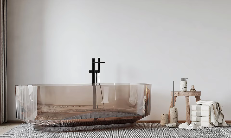 Modern Transparent Glass Bathtub With Wooden Stool Towels And Jars In Bathroom Interior 3d model 