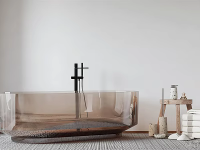 Modern Transparent Glass Bathtub With Wooden Stool Towels And Jars In Bathroom Interior 3d model