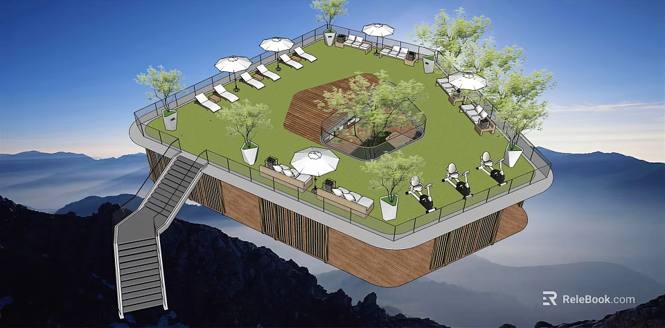 Scenic Garden Landscape With Lawn Loungers Umbrellas Trees And Wooden Deck Mountain Backdrop 3d model 