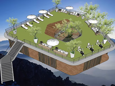 Scenic Garden Landscape With Lawn Loungers Umbrellas Trees And Wooden Deck Mountain Backdrop 3d model