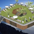 Scenic Garden Landscape With Lawn Loungers Umbrellas Trees And Wooden Deck Mountain Backdrop