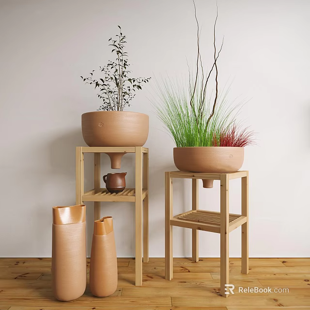 Bonsai Potted Plants in Ceramic Pots on Wooden Stands with Fresh Green Foliage 3d model 