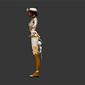 Game Movie Character In White Gold Outfit With Red Hair Hat And Mechanical Bird Companion