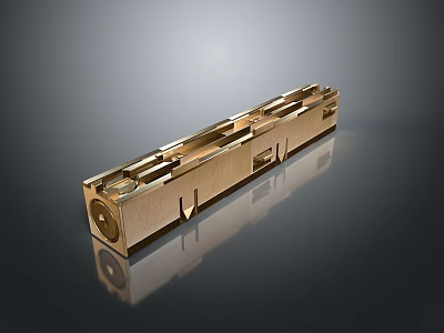 Golden Metal Mechanical Component With Elongated Shape And Reflective Surface Grooves And Holes 3d model
