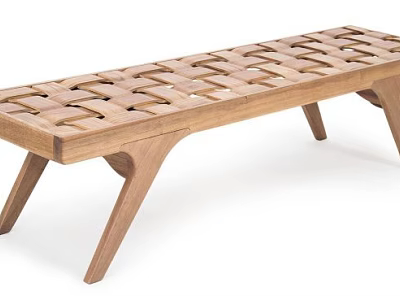 Modern Wooden Bench With Woven Lattice Design And Slanted Legs 3d model