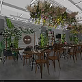 Elegant Plant Decorated Specialty Store Interior With Wooden Tables Chairs Hanging Plants And Pendant Lights