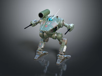 Game Movie Character Green Mech Robot With Cannon And Mechanical Arms Standing Pose 3d model