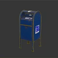 Blue Metal Mailbox With USPS Logo Mail Slot Standing On Reflective Ground Surface