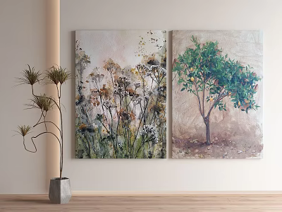 Botanical Paintings Of Flowers And Tree Displayed On Wall In Interior With Potted Plant 3d model