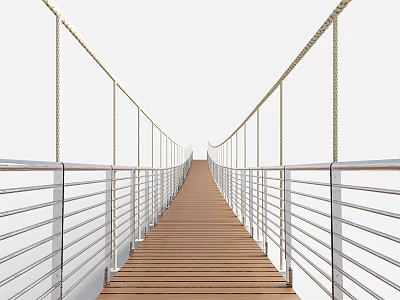Modern Landscape Bridge Featuring Wooden Deck Metal Railings And Rope Structures 3d model