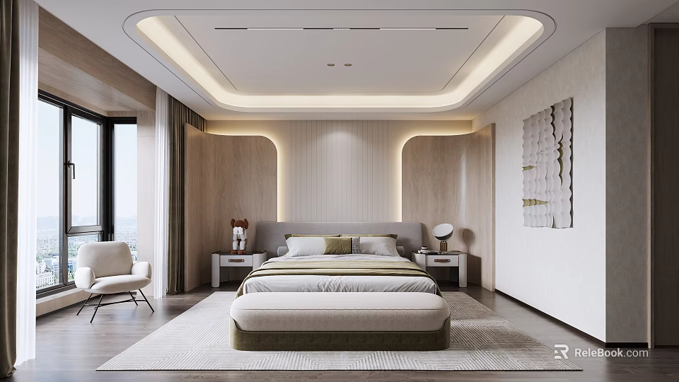 Modern Bedroom Interior Design With King Bed Nightstands Accent Chair Wall Art And Wooden Panels 3d model 