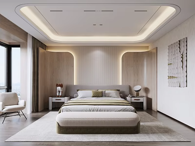 Modern Bedroom Interior Design With King Bed Nightstands Accent Chair Wall Art And Wooden Panels 3d model
