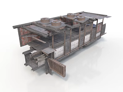 Vintage Industrial Car Featuring Wooden Metal Structure Roof Installations And Open Door 3d model