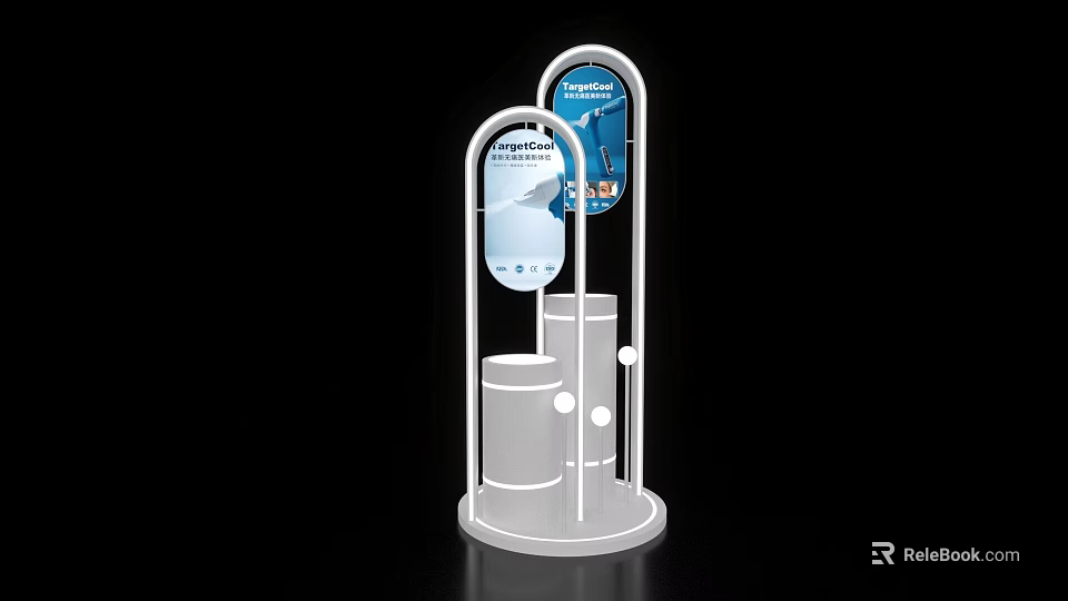 Modern Exhibition Island With White Metal Frame Cylindrical Base And Display Screens 3d model 