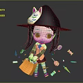 Cartoon Witch Game Character Black Hat White Cat Face Orange Candy Bag Lollipops And Sweets