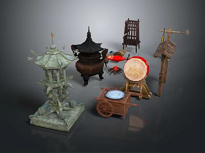 Traditional Decorative Ornament Set With Tower Incense Burner Small Cart Drum Windmill Stand 3d model