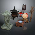 Traditional Decorative Ornament Set With Tower Incense Burner Small Cart Drum Windmill Stand