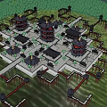 Ancient Chinese Architecture With Pagoda Towers Black Tiled Roofs Red Pillars And Green Trees