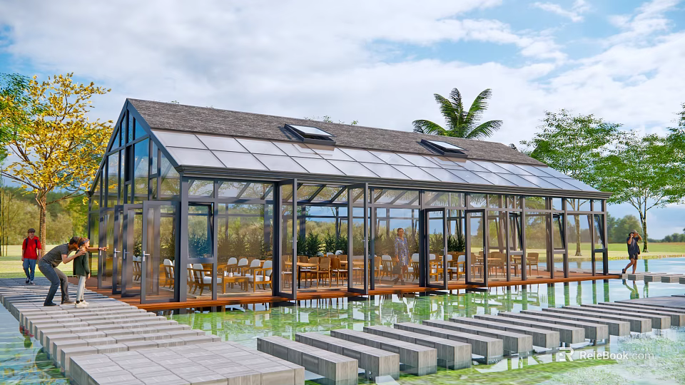 Modern Sunroom With Large Glass Walls and Skylights Overlooking Waterfront Featuring Tables and Chairs 3d model 