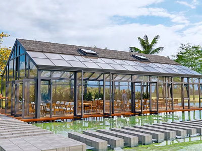 Modern Sunroom With Large Glass Walls and Skylights Overlooking Waterfront Featuring Tables and Chairs 3d model