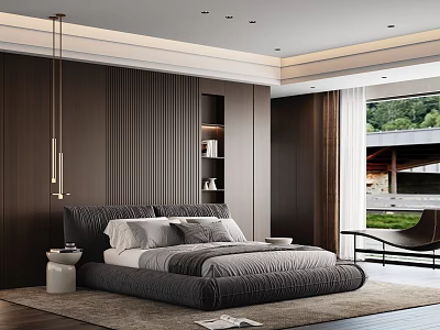 Modern Bedroom Interior With Dark Wall Gray Bed Pillows Bookshelf And Large Window View 3d model