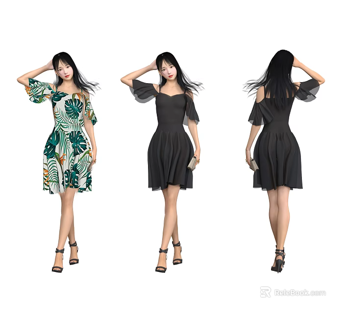 Woman Showcasing Off Shoulder Dresses In Tropical Print And Black Styles 3d model 