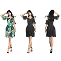 Woman Showcasing Off Shoulder Dresses In Tropical Print And Black Styles