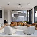 Modern Living Room Interior With Brown Sofa And Floor To Ceiling Windows