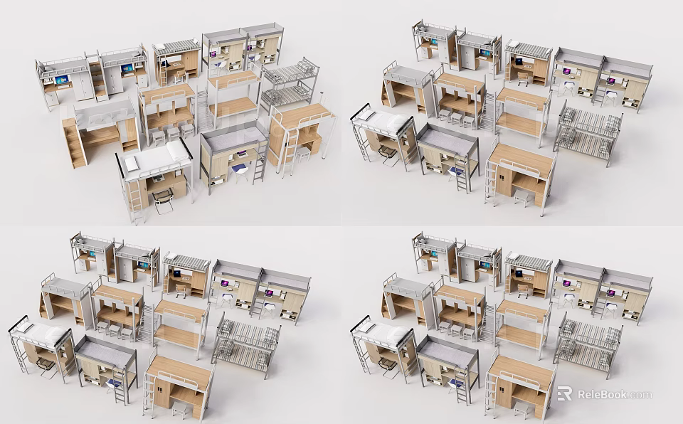 Modern Space Saving Bunk Bed Design With Desk And Storage Units 3d model