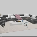 Modern L shaped Sofa with Coffee Table Set White Pillows Pink Blanket and Stuffed Koala