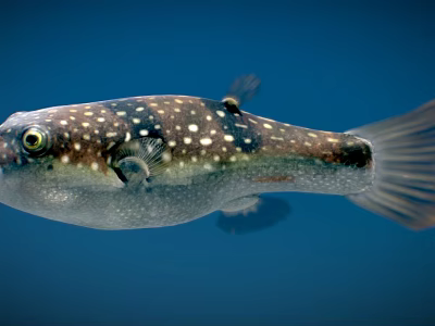 Round Body Pufferfish With White Spots Swimming In Blue Aquatic Background 3d model