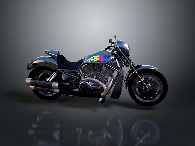 Custom Blue Motorcycle With Colorful Graphics Sleek Design Chrome Exhaust And Leather Seat 3d model
