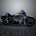 Custom Blue Motorcycle With Colorful Graphics Sleek Design Chrome Exhaust And Leather Seat