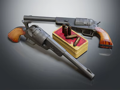 Vintage Revolvers With Red And Yellow Box And Ammunition Bullets 3d model