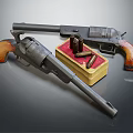 Vintage Revolvers With Red And Yellow Box And Ammunition Bullets