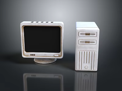 Vintage Computer Setup With CRT Monitor And Desktop Tower On Reflective Surface 3d model