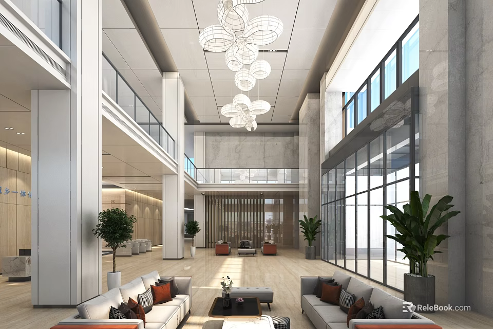 Modern Hotel Lobby With High Ceiling Chandelier Large Windows Comfortable Sofas And Indoor Plants 3d model 
