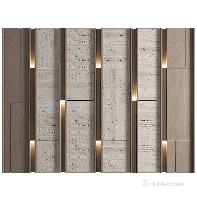 Modern Background Wall With Vertical Wooden Panels And Warm LED Lighting Strips 3d model 