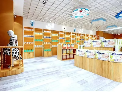 Baby Products Specialty Store With Shelves Mannequin And Libero Diapers 3d model