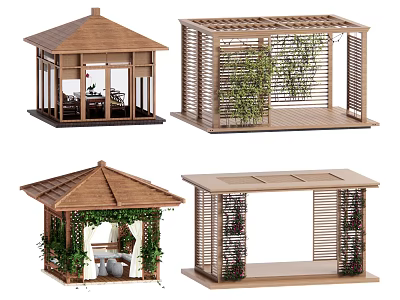 Wooden Garden Pavilion Design With Various Roof Styles And Greenery Decorations 3d model