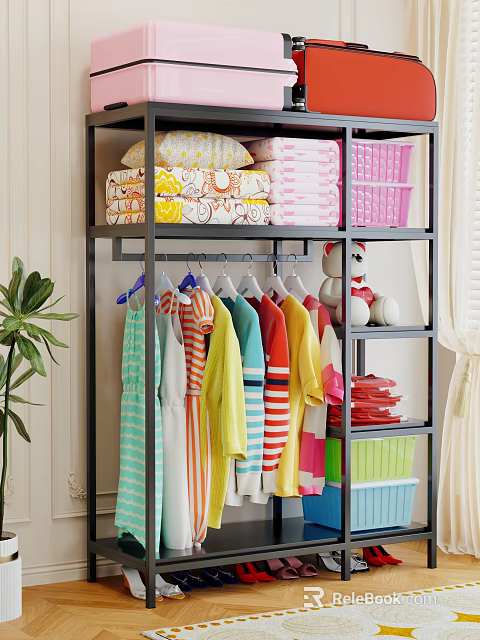 Clothing Rack With Colorful Clothes And Storage Items 3d model 