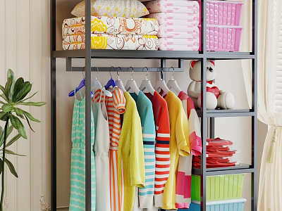 Clothing Rack With Colorful Clothes And Storage Items 3d model
