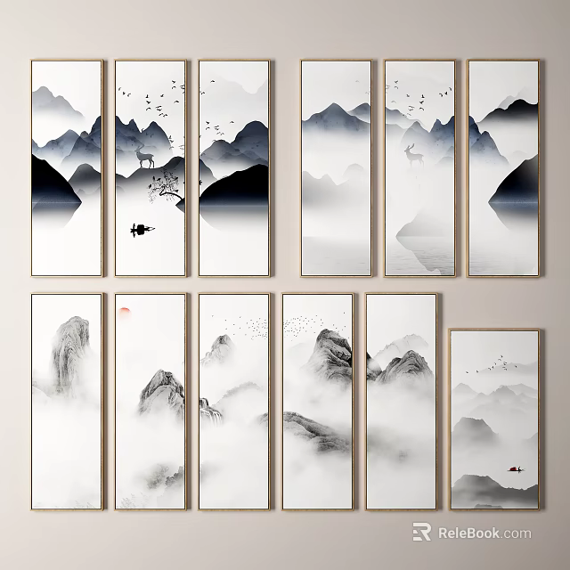 Traditional Chinese Ink Wash Landscape Paintings with Mountains Clouds and Birds 3d model 