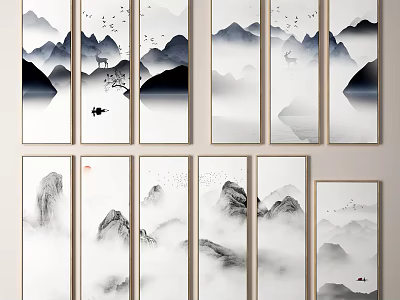 Traditional Chinese Ink Wash Landscape Paintings with Mountains Clouds and Birds 3d model