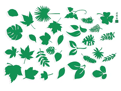 Green Leaf Silhouettes Collection Featuring Various Tropical and Botanical Design Elements 3d model