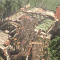 Ancient Battlefield Scene With Soldiers Tower Stone Walls And Green Trees