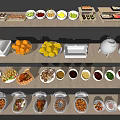Assorted Food Display With Multiple Shelves And Various Dishes Fruits And Sauces