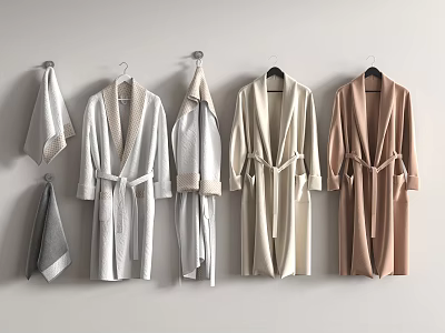 Various Colored Bathrobes and Towels Hanging on Wall Hooks with Soft Fabric 3d model