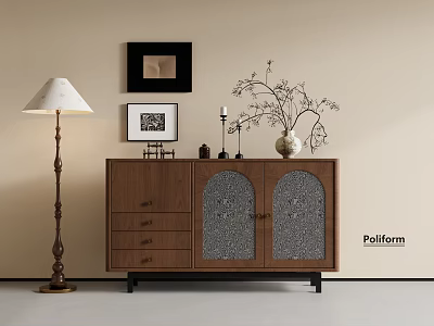 Brown Console Side Cabinet with Arched Glass Doors Drawers Decorative Vase Floor Lamp Wall Art 3d model