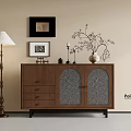 Brown Console Side Cabinet with Arched Glass Doors Drawers Decorative Vase Floor Lamp Wall Art